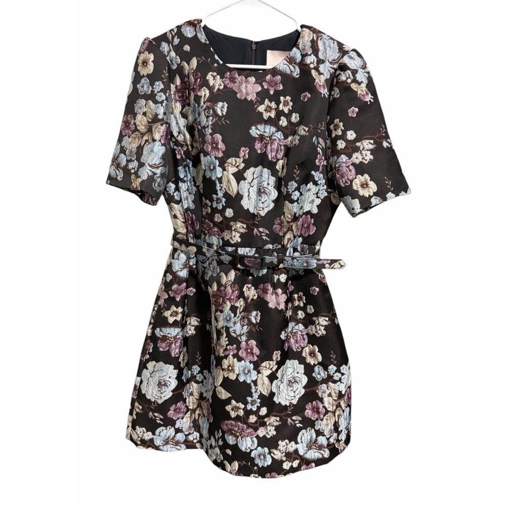 Gal Meets Glam Presley Floral Jacquard Belted Sheath Dress Brown Women's Size 8